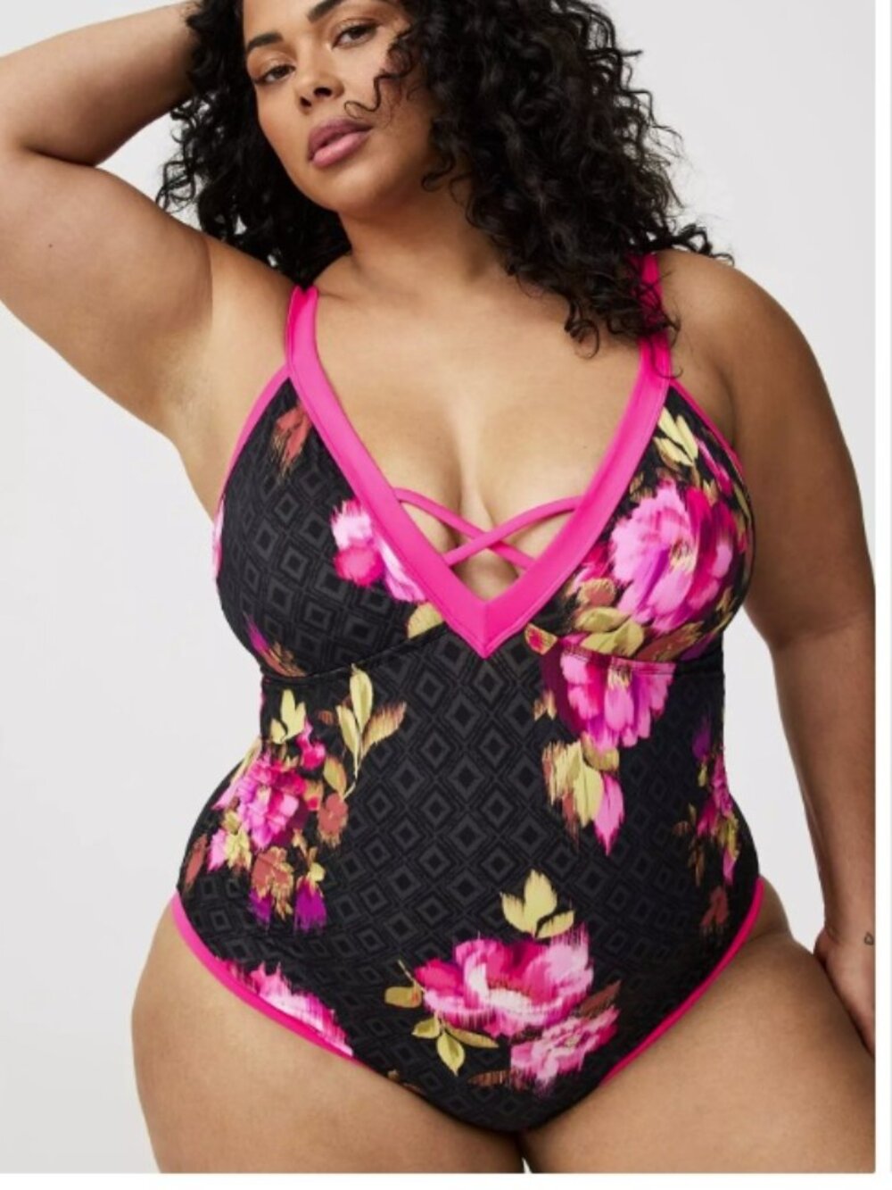 TORRID Floral Geo Black Wire-Free V-Plunge Cheeky Swimsuit, Size 3, 3X